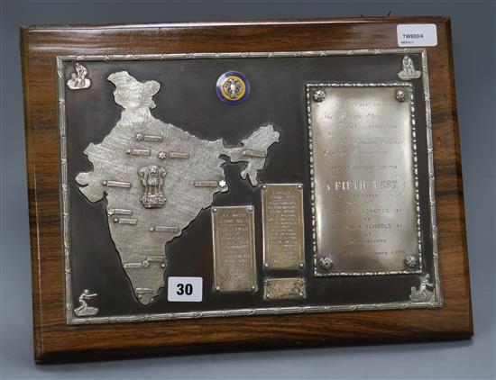 Cricketing Interest - a plaque presented by The Mysore State Cricket Association to The London Schools Cricket Association